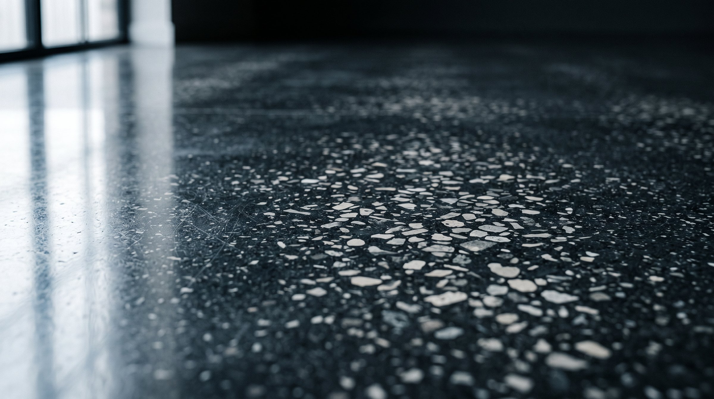 Dark charcoal coloured polished concrete floor in a contemporary interior