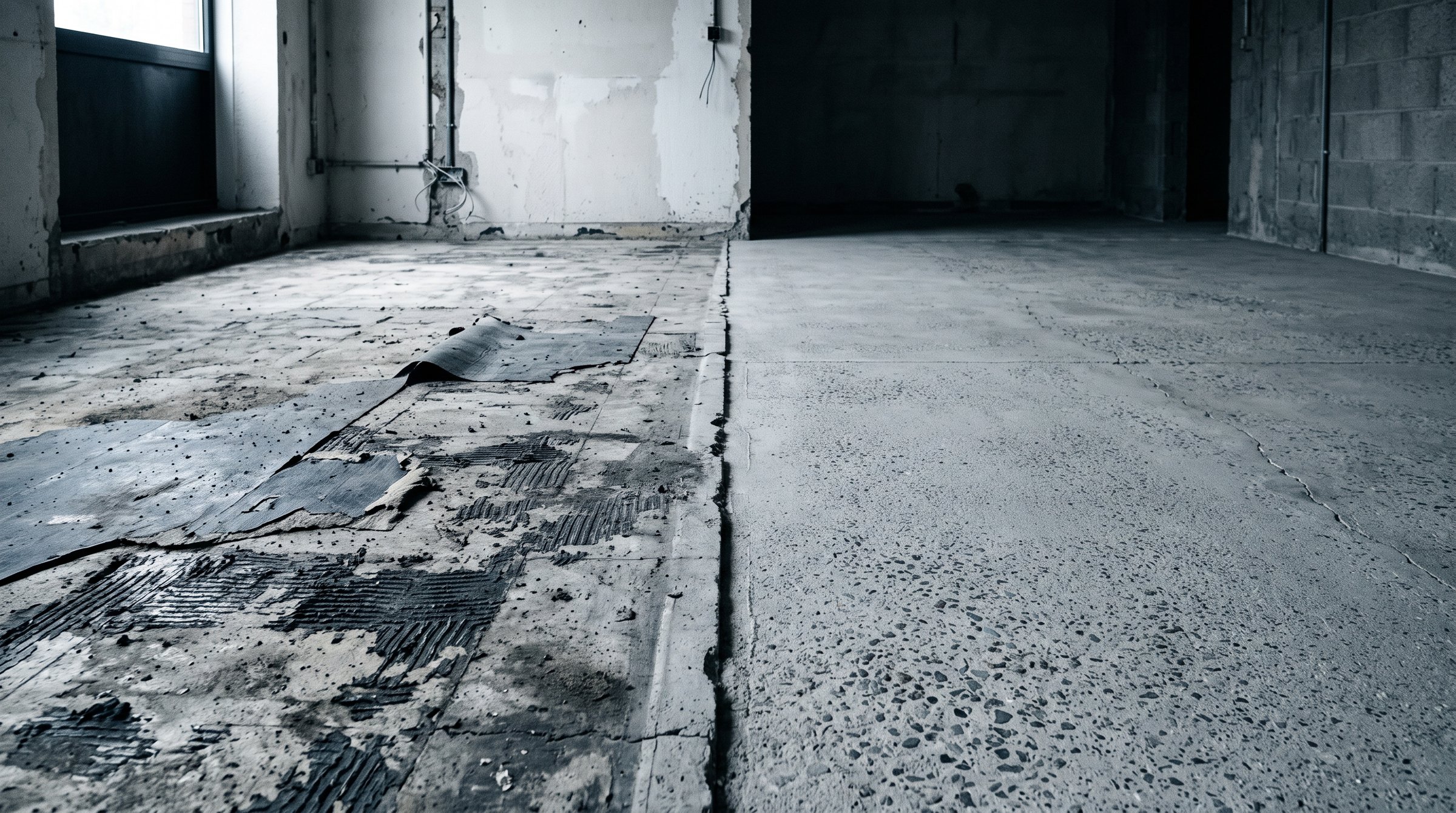 Bare existing concrete slab in an empty room with old adhesive residue on the surface