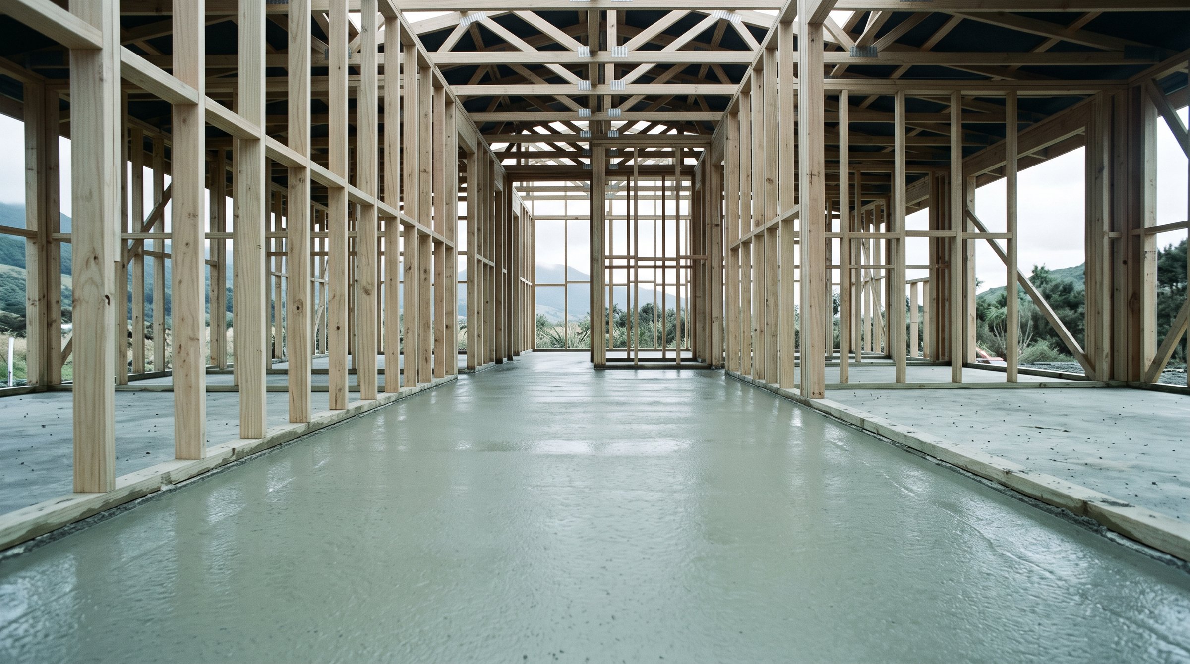 Freshly poured concrete slab curing on a residential building site