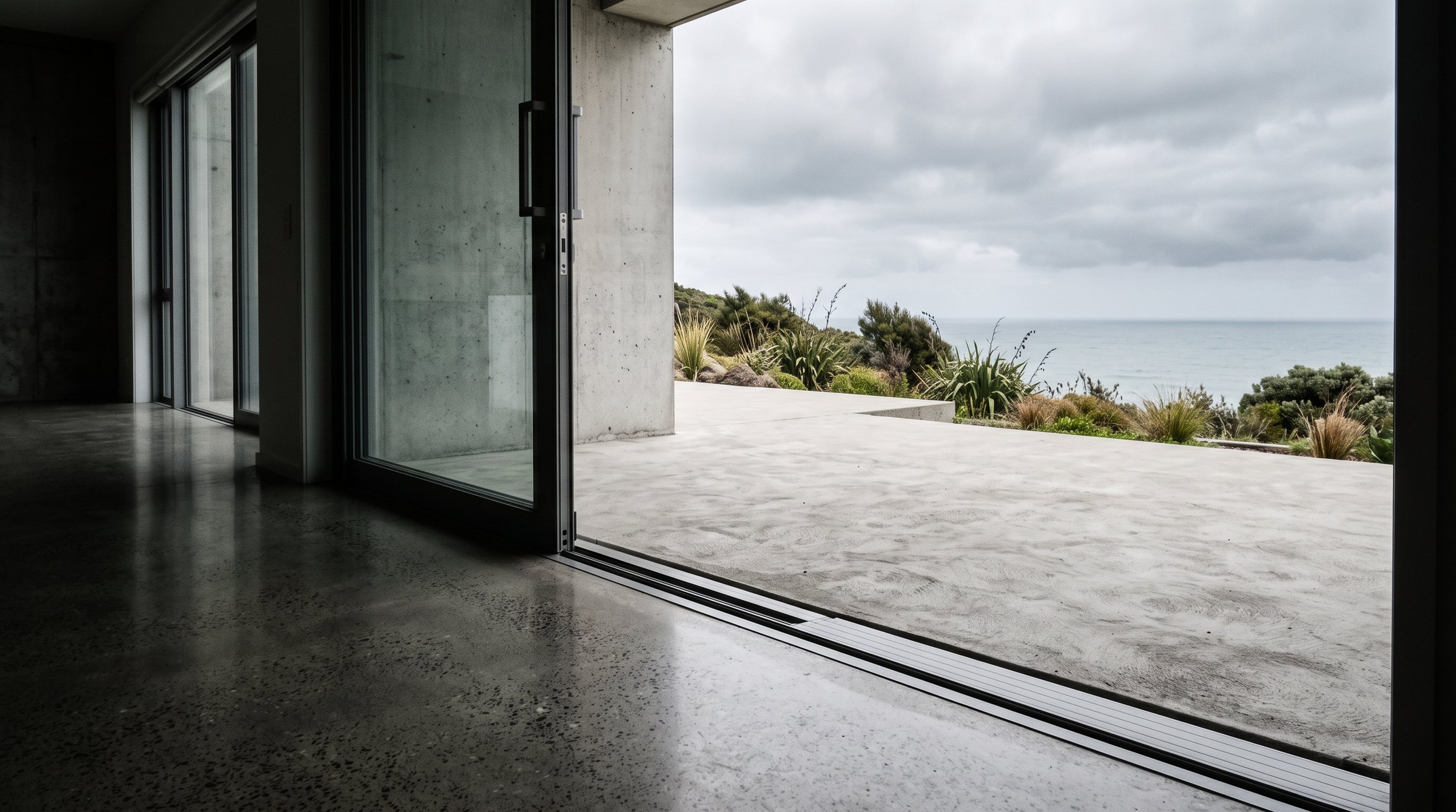 Polished concrete floor running from a living room out to a covered outdoor area
