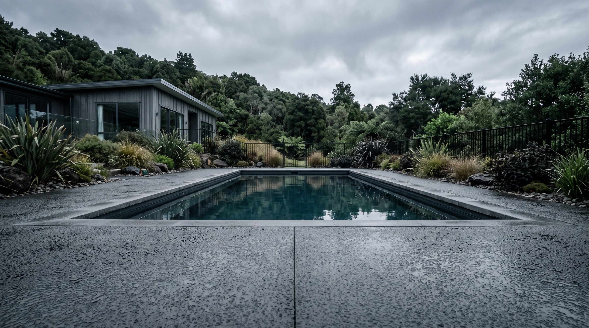 Textured concrete pool surround beside a swimming pool in bright sunlight