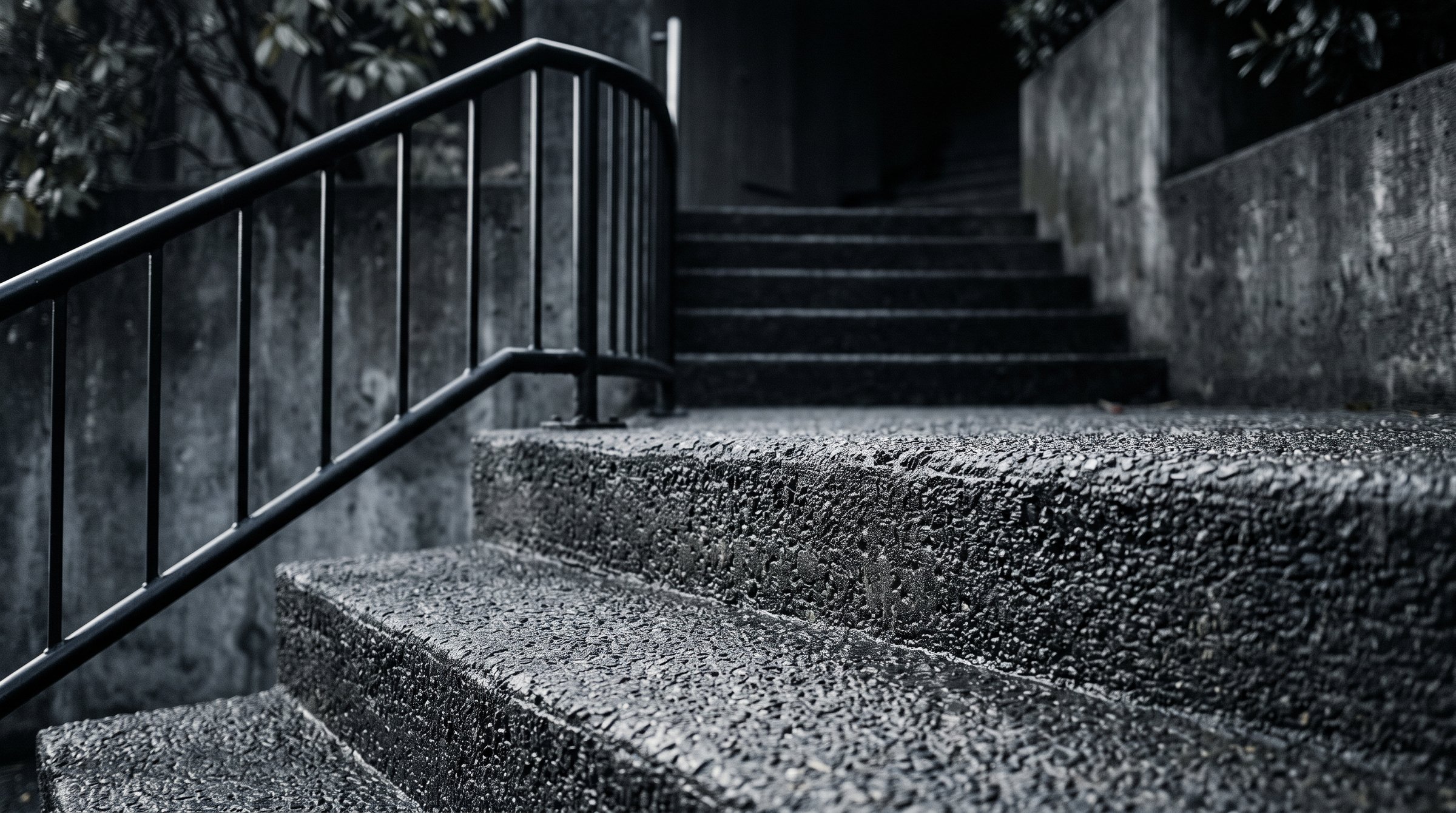 Textured concrete steps with a non slip profile in an exterior setting