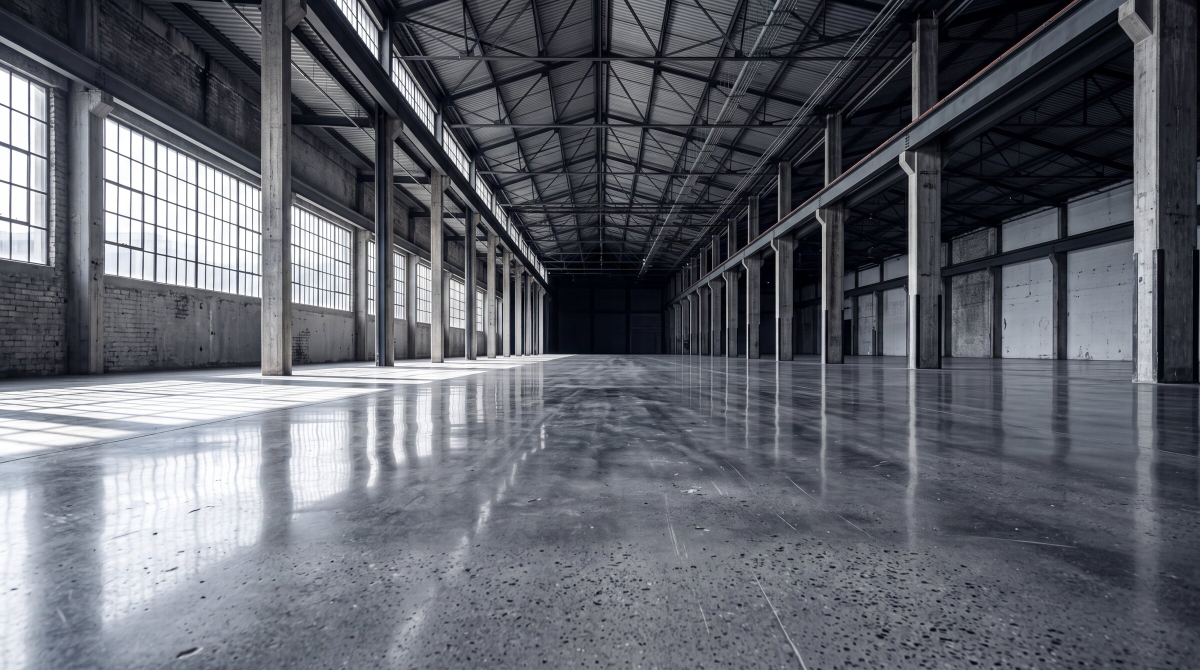 Polished concrete floor running the length of a bare commercial interior